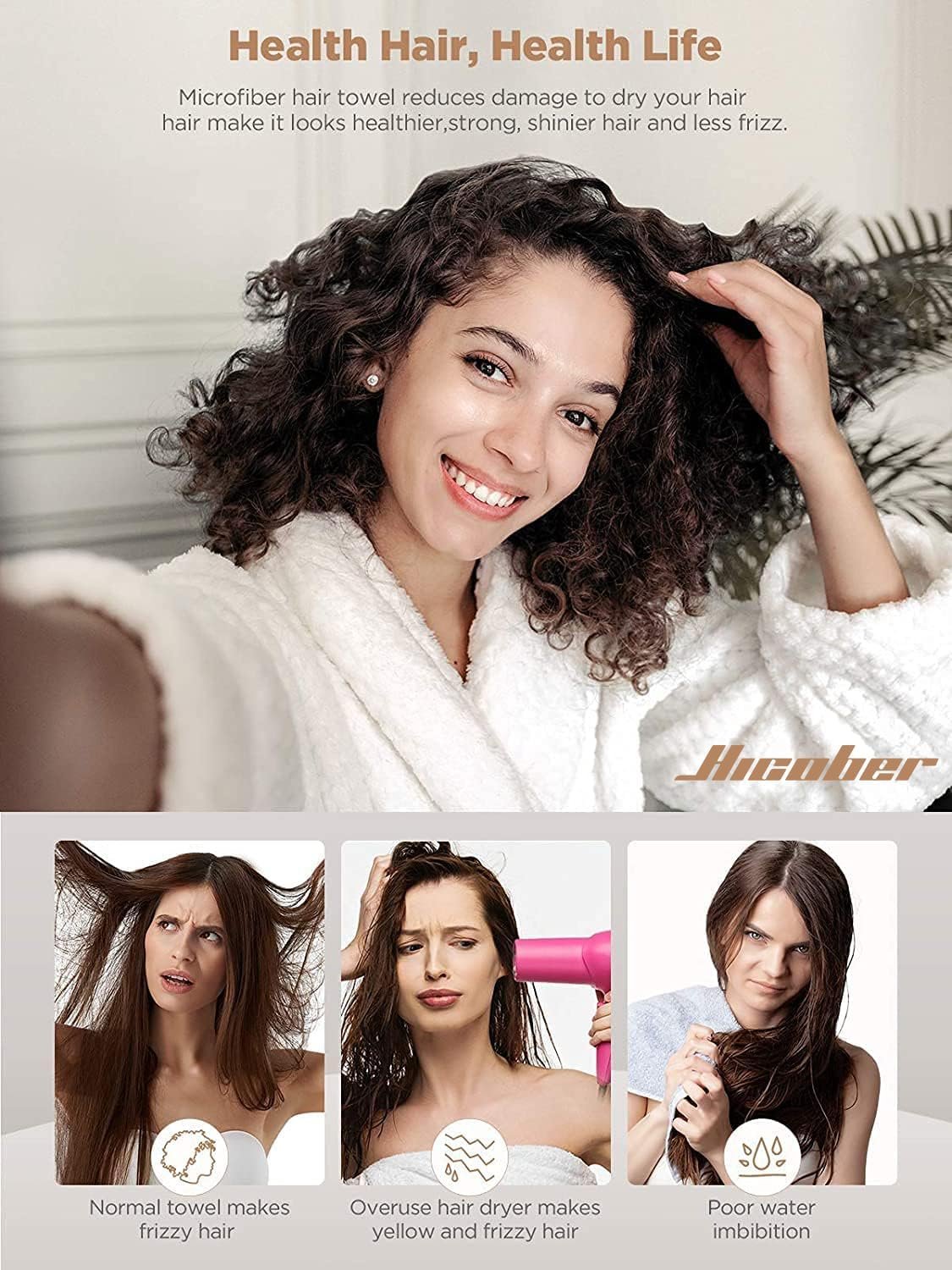 Hicober Microfiber Hair Towel Wrap for Women, Blue Grey Pink, 3-Pack | Soft, highly absorbent wrap helps hair dry faster and stays securely in place on curly, thick or long hair - Image 4