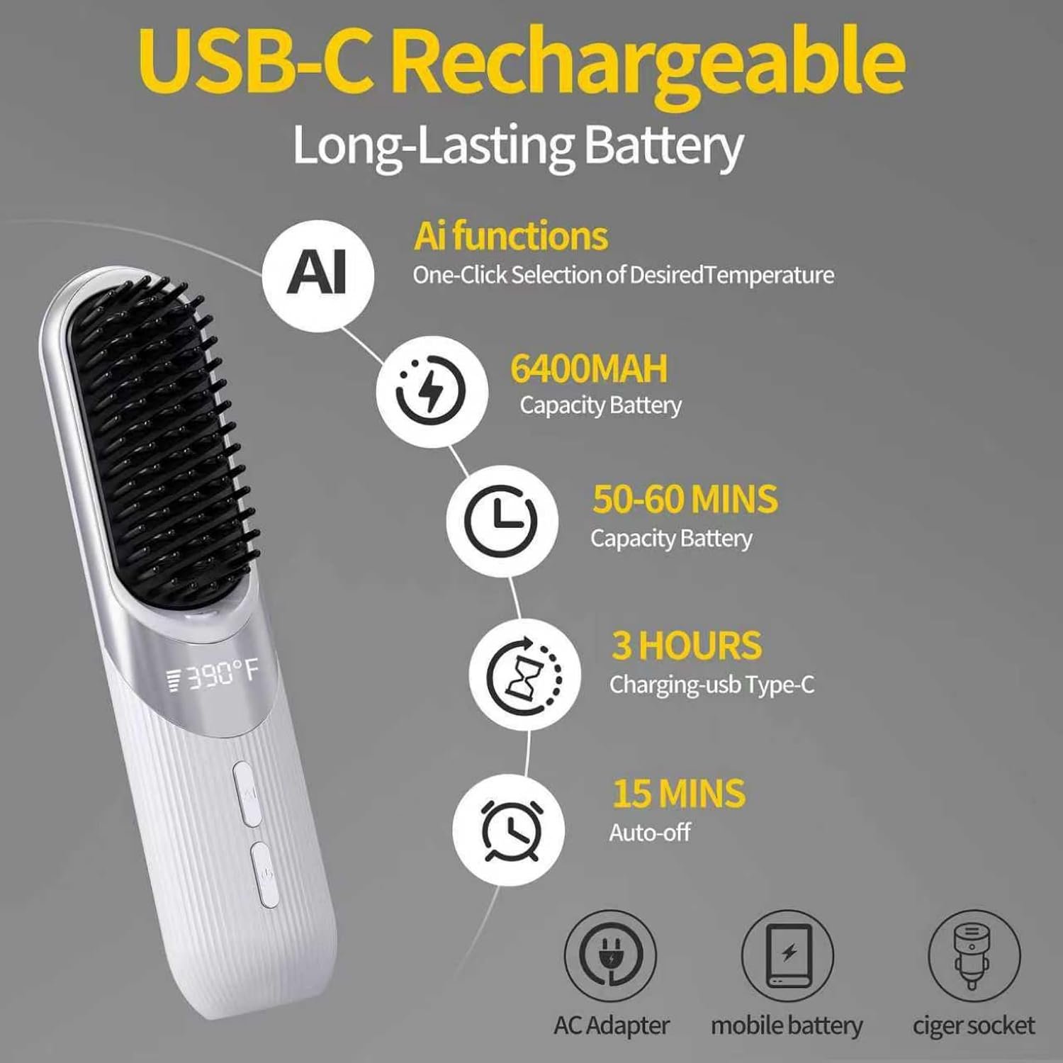 Cordless Hair Styling Brush 2-in-1 AI Smart Styler Fast Heat 30 Seconds USB Rechargeable Dual Power LCD Display Portable Travel Comb Includes Pouch (White) - Image 4