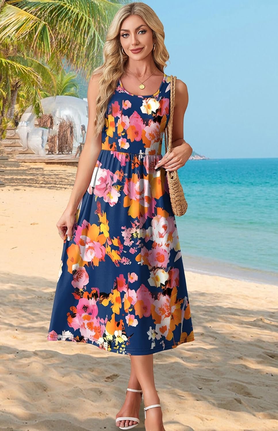 WIHOLL Summer Dresses for Women Flowy Casual Midi Dress Beach Vacation Sundresses with Pockets - Image 3