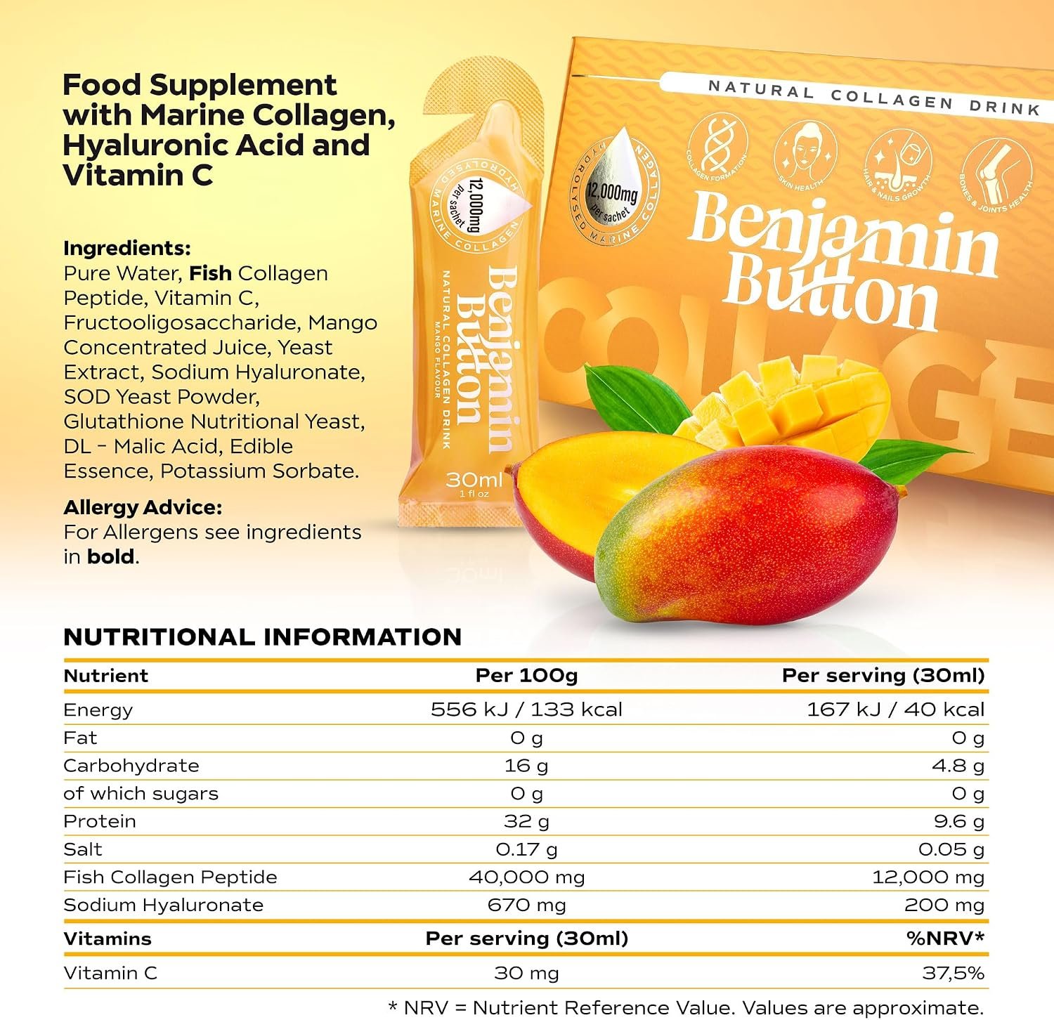 Benjamin Button 12,000mg Marine Collagen Liquid Shots| High Strength Hydrolyzed Marine Collagen Peptides w/Hyaluronic Acid & Vitamin C for Skin, Hair & Joints | Mango, 14 Daily Servings 30ml - Image 9
