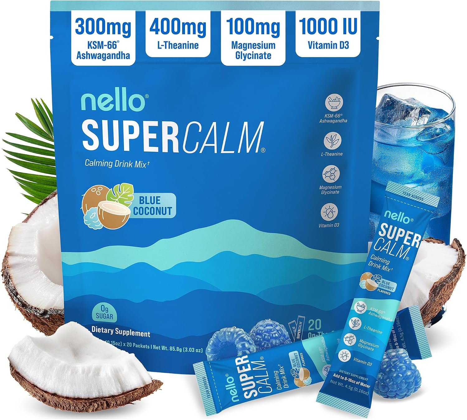 Nello Supercalm Drink Mix with Magnesium Glycinate, KSM 66 Ashwagandha, Vitamin D3 and L Theanine, Calm Powder Supplements for Relaxation Support, No Sugar, Travel Packets, 20 Ct, Blue Coconut