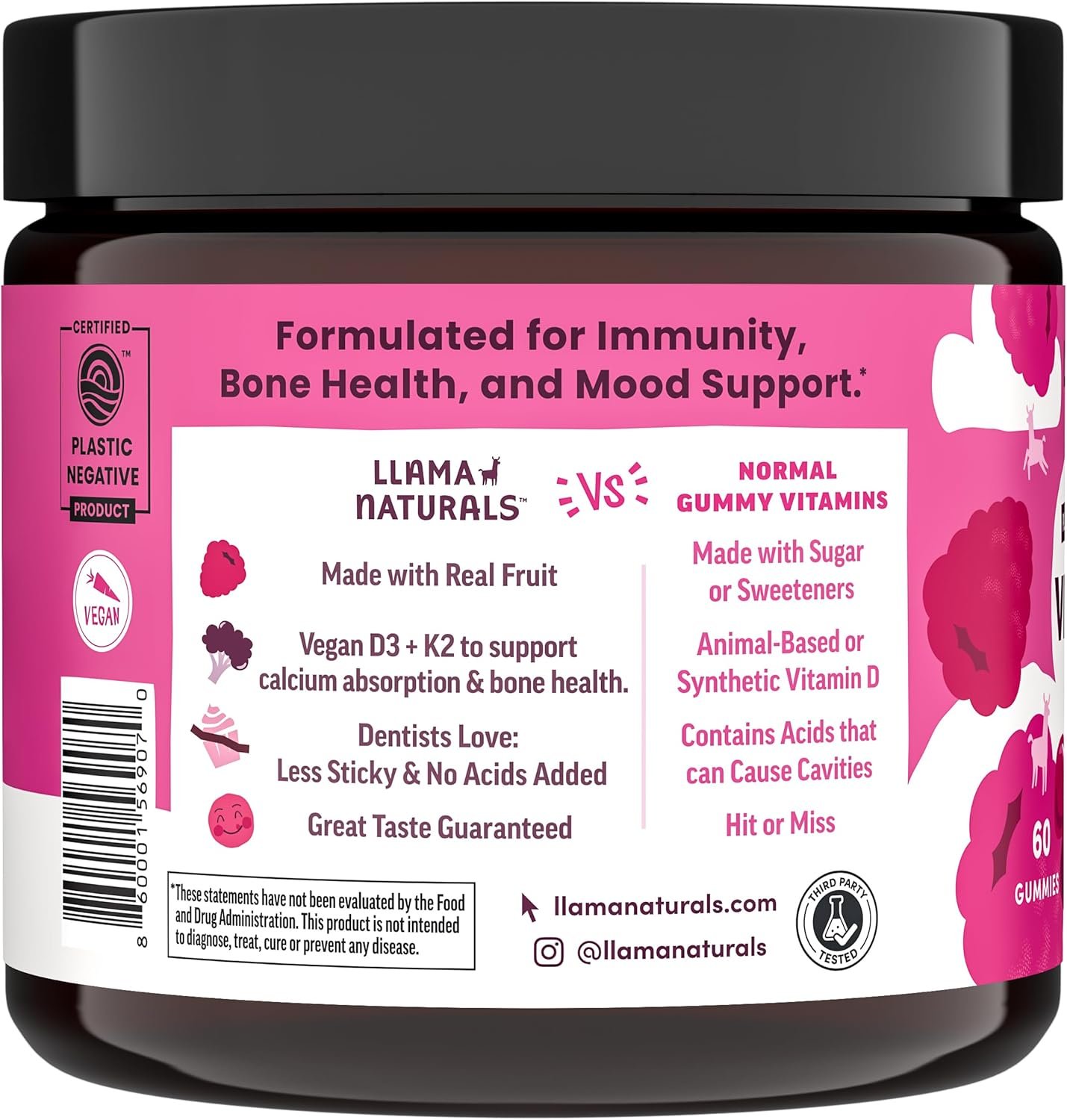 Llama Naturals Vitamin D3, Vegan, Organic Immune Support Supplement, Vitamin D Gummies for Adults and Kids, Real Fruit Gummy Vitamins, Promotes Bone Health, No Added Sugar Cane, Raspberry, 60 Ct - Image 2