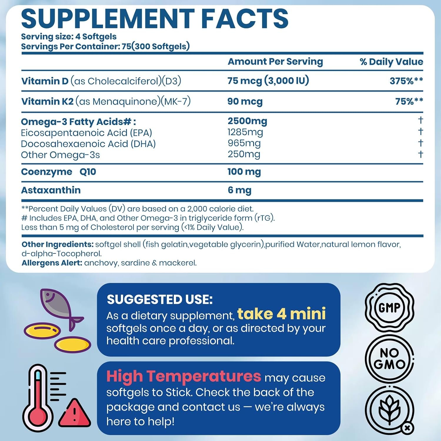 Omega 3 Fish Oil with Vitamin D3 K2 – 300 Lemon Flavored Burpless Softgels | High EPA & DHA rTG Formula with CoQ10 & Astaxanthin | Gluten-Free, Non-GMO - Image 2