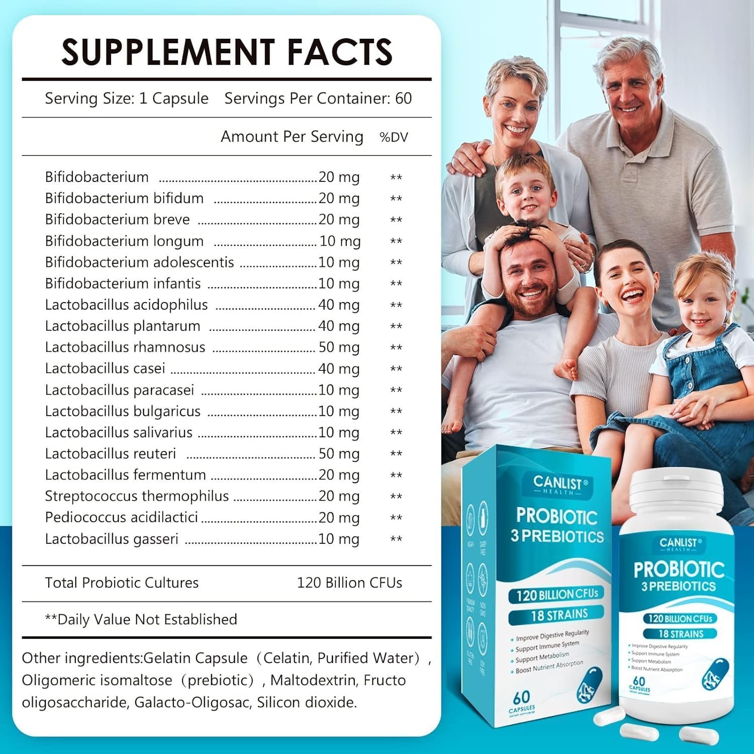 CANLIST Probiotics 120 Billion CFUs 18 Strains, 3 Prebiotics & Digestive Enzymes for Men Women,Digestive & Immune Support,Shelf Stable Non-GMO 60 Capsules - Image 2