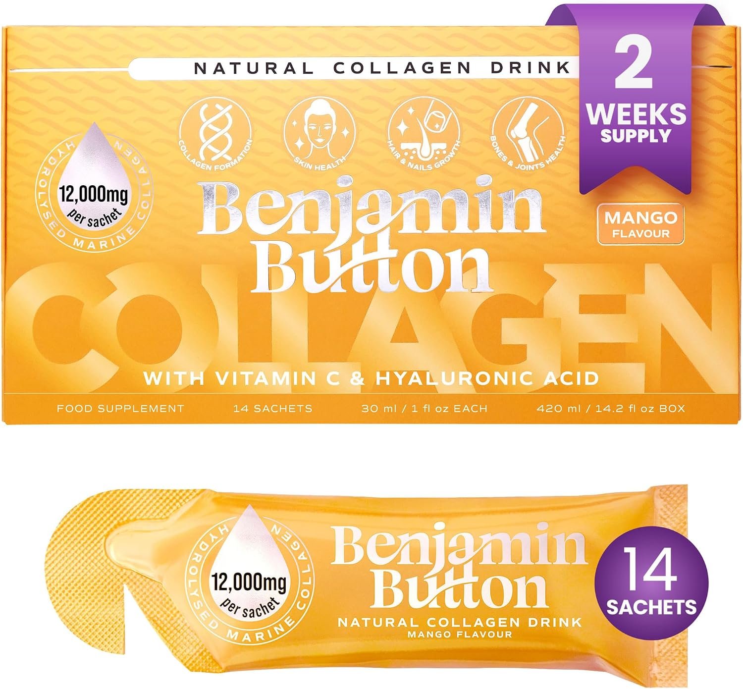 Benjamin Button 12,000mg Marine Collagen Liquid Shots| High Strength Hydrolyzed Marine Collagen Peptides w/Hyaluronic Acid & Vitamin C for Skin, Hair & Joints | Mango, 14 Daily Servings 30ml