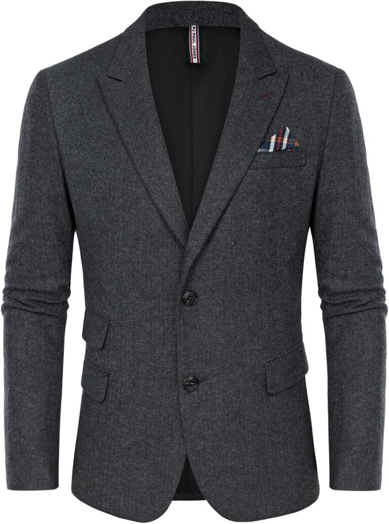PJ PAUL JONES Mens Blazer Tweed Wool Blend Sport Coat Herringbone Jacket | Vintage Brown Houndstooth Blazer with Pocket Square, Casual Warm Sport Coat, Two Button Classic Jacket For Autumn Winter