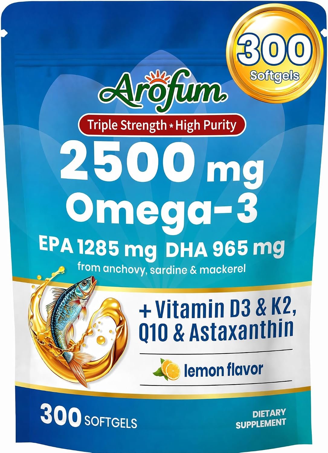 Omega 3 Fish Oil with Vitamin D3 K2 – 300 Lemon Flavored Burpless Softgels | High EPA & DHA rTG Formula with CoQ10 & Astaxanthin | Gluten-Free, Non-GMO