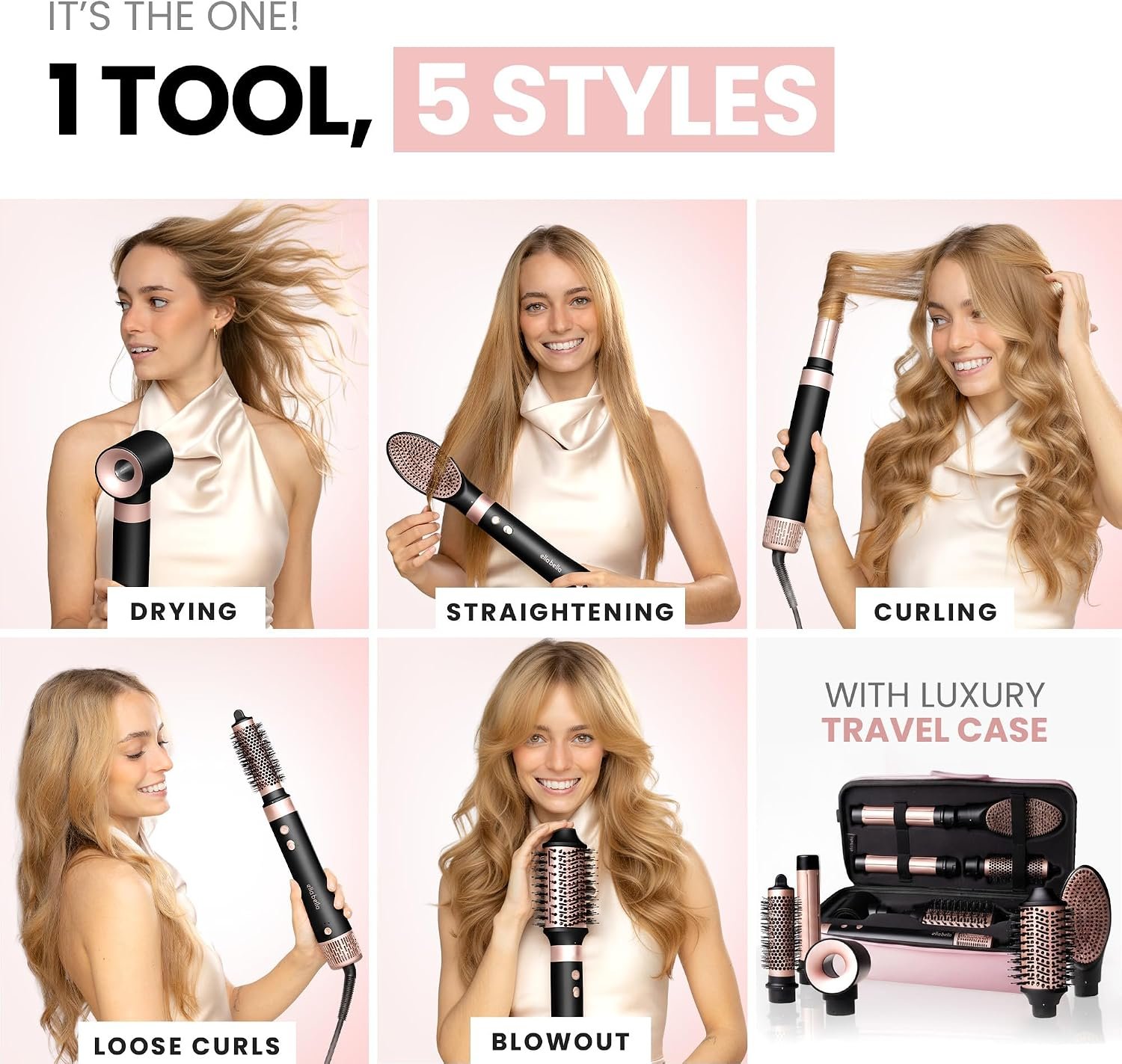 ELLA BELLA® 6 in 1 Professional Hot Air Styler & Straightener, Fast Drying | Powerful Hair Dryer Set - Styling Without Heat Damage. Curling, Volumizing. Includes Protective Travel Case - Image 2