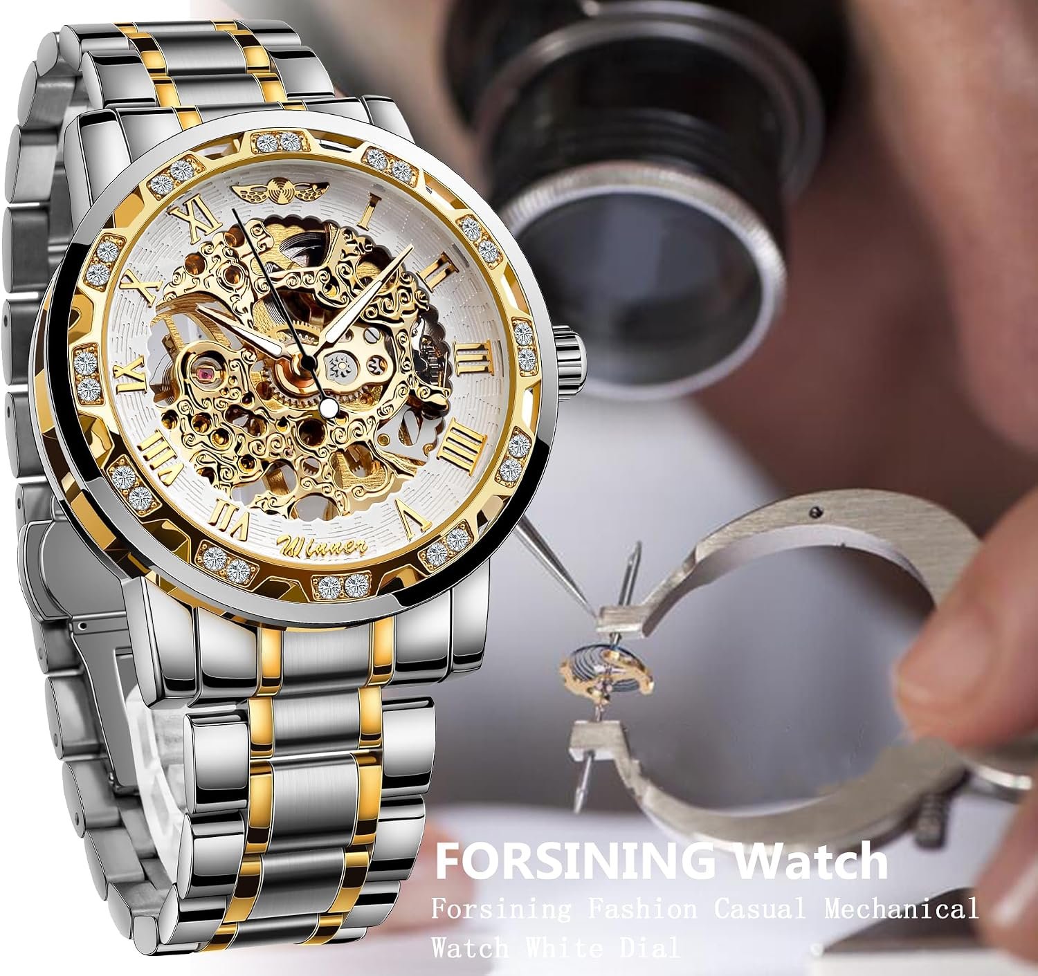Winner Retro Manual Mechanical Skeleton Watch with Diamond and Carving Flower Craft Men Skeleton Wrist Watch Mechanical Classic Roman Number - Image 3