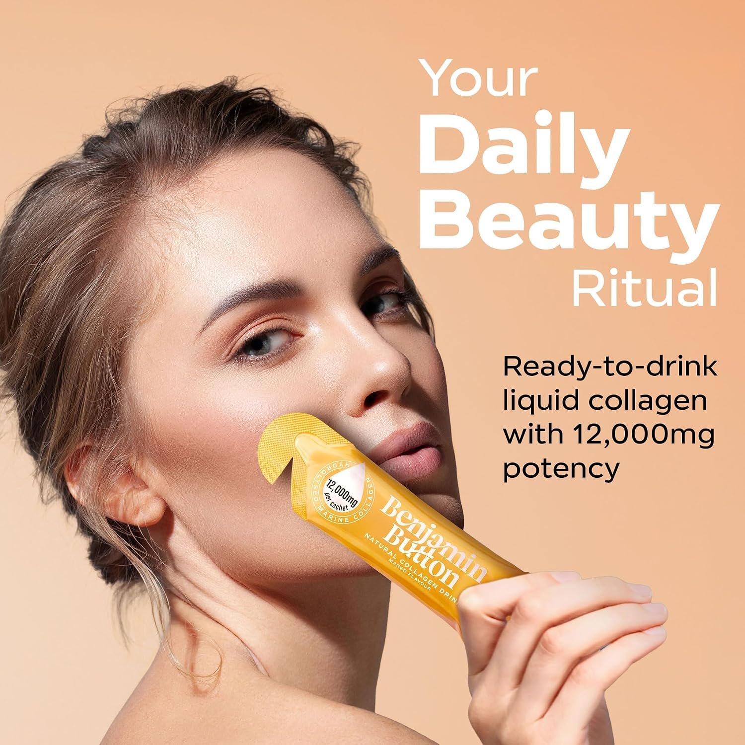 Benjamin Button 12,000mg Marine Collagen Liquid Shots| High Strength Hydrolyzed Marine Collagen Peptides w/Hyaluronic Acid & Vitamin C for Skin, Hair & Joints | Mango, 14 Daily Servings 30ml - Image 3