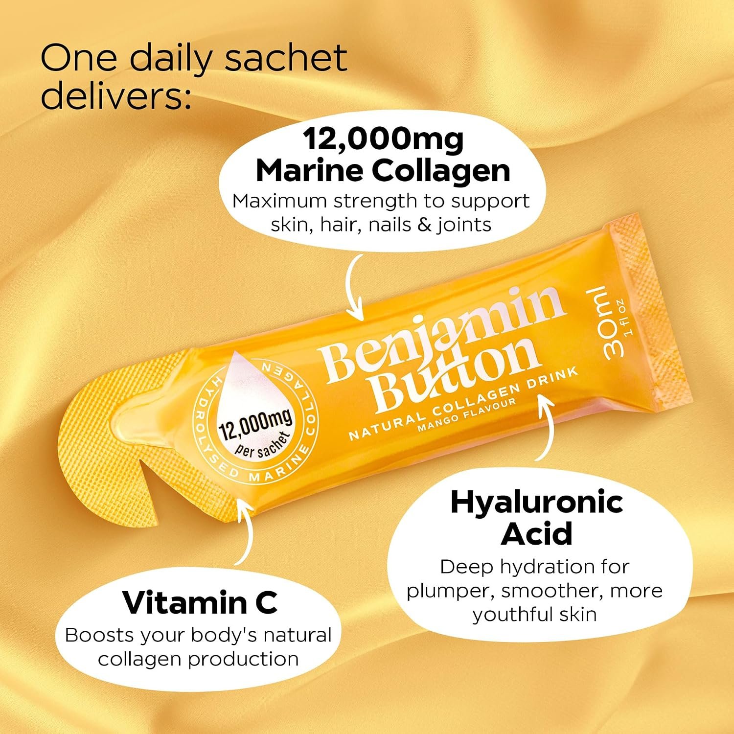 Benjamin Button 12,000mg Marine Collagen Liquid Shots| High Strength Hydrolyzed Marine Collagen Peptides w/Hyaluronic Acid & Vitamin C for Skin, Hair & Joints | Mango, 14 Daily Servings 30ml - Image 2