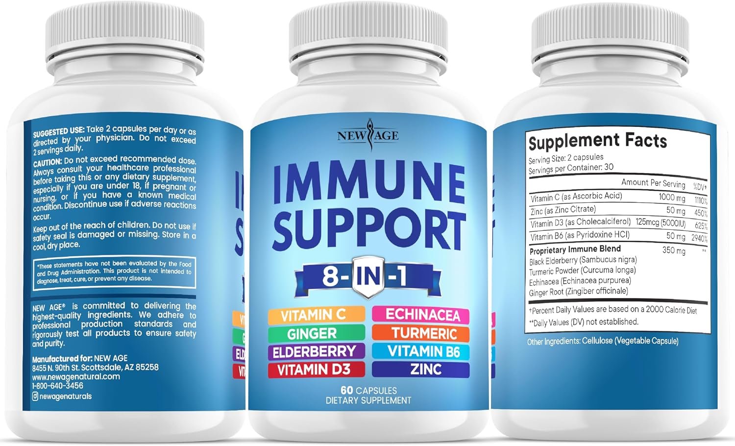 NEW AGE 8 in 1 Immune Support Booster Supplement with Echinacea, Vitamin C and Zinc 50mg, Vitamin D 5000 IU, Turmeric Curcumin & Ginger, B6, Elderberry 120 Count (Pack of 2) - Image 8