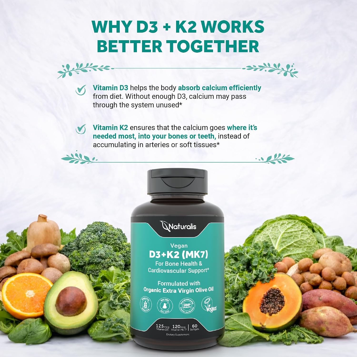 Naturalis Vegan Vitamin D3+K2 from Algae | 5000 IU D3 with 120mcg MK7 | Vegan Society Certified,Sustainably Sourced,Better Than Animal Derived | Better Support for Bone & Immune Health* | 60 Softgels - Image 5