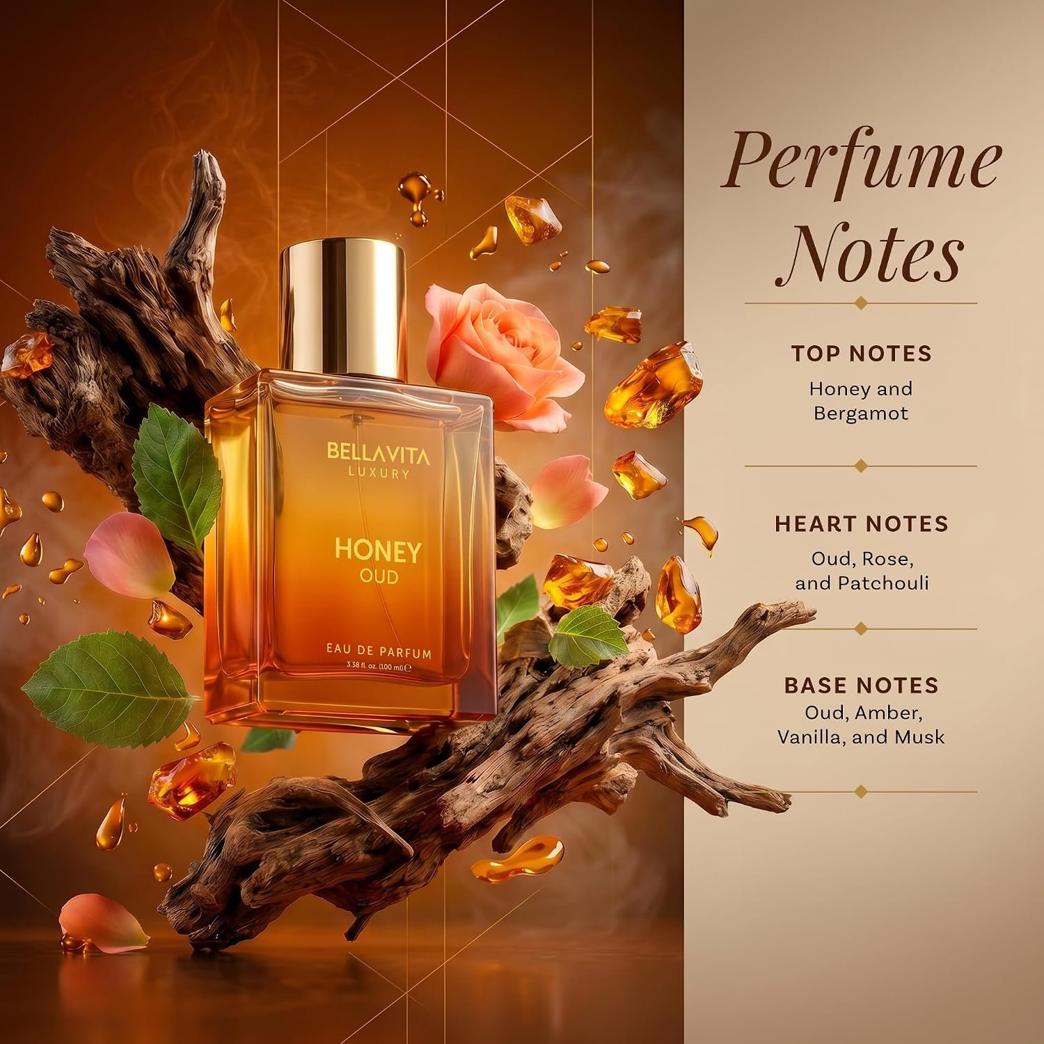 Bellavita Luxury Honey Oud Eau de Parfum | 100 ml (3.4 fl.oz.) | Perfume for Men and Women | Sweet Honey, Bergamot, Oud, and Amber Notes - Image 4