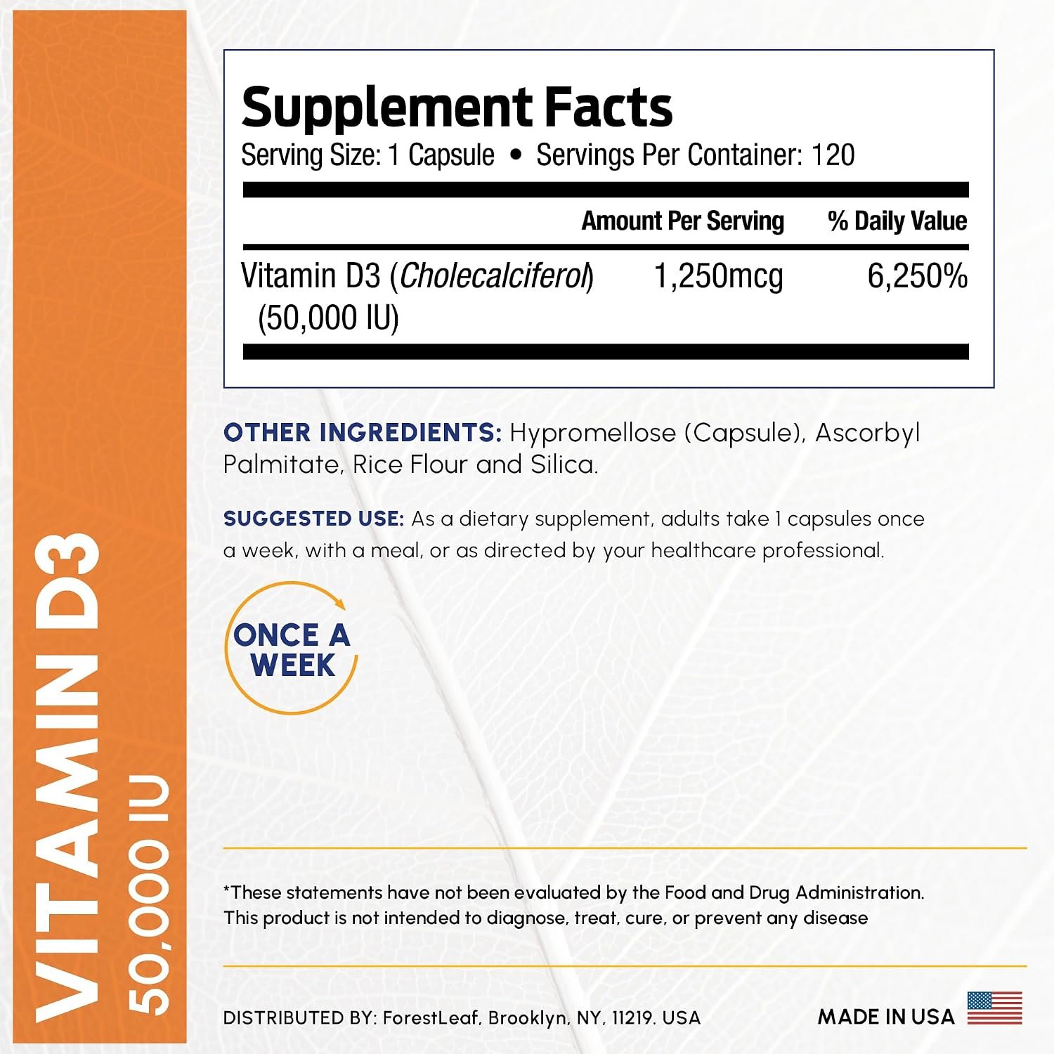 ForestLeaf Vitamin D3 50,000 IU High Potency Weekly Supplement, 120 Ct | Bone, Teeth and Immune Support, Extra Strength Cholecalciferol Capsules for Men and Women, Non-GMO, 2 Year Supply - USA Made - Image 4