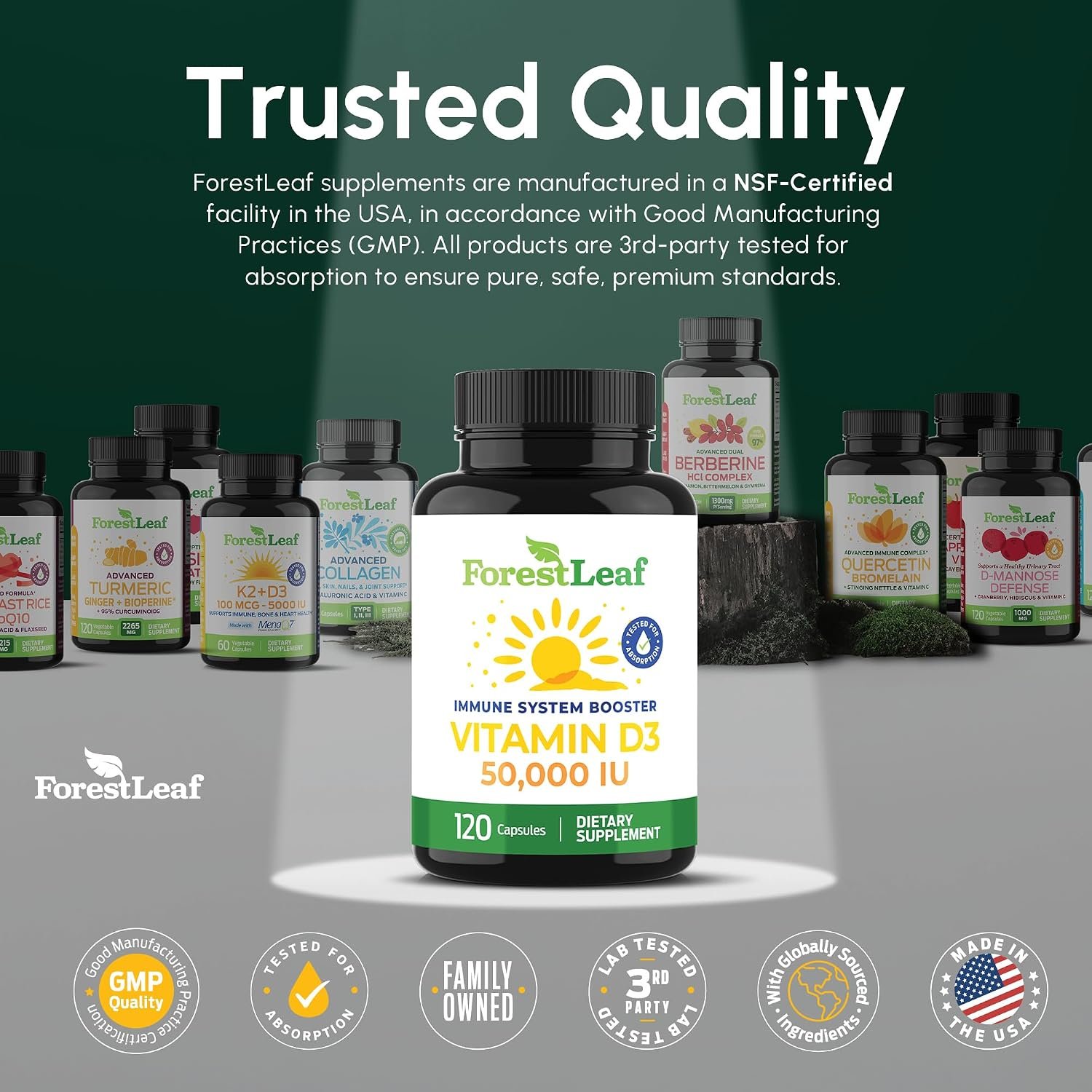 ForestLeaf Vitamin D3 50,000 IU High Potency Weekly Supplement, 120 Ct | Bone, Teeth and Immune Support, Extra Strength Cholecalciferol Capsules for Men and Women, Non-GMO, 2 Year Supply - USA Made - Image 7