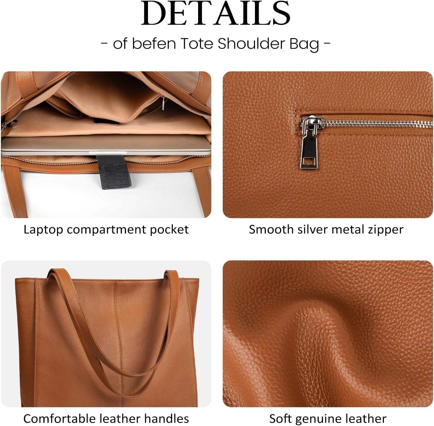 befen Genuine Leather Tote Bag for Women Work Travel Leather Purse Handbags - Image 5