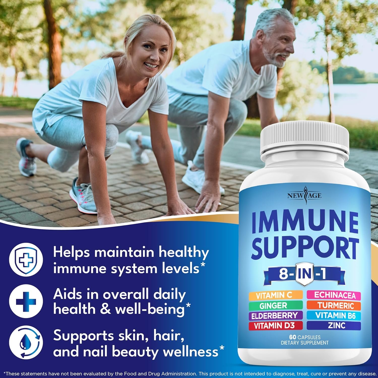 NEW AGE 8 in 1 Immune Support Booster Supplement with Echinacea, Vitamin C and Zinc 50mg, Vitamin D 5000 IU, Turmeric Curcumin & Ginger, B6, Elderberry 120 Count (Pack of 2) - Image 3