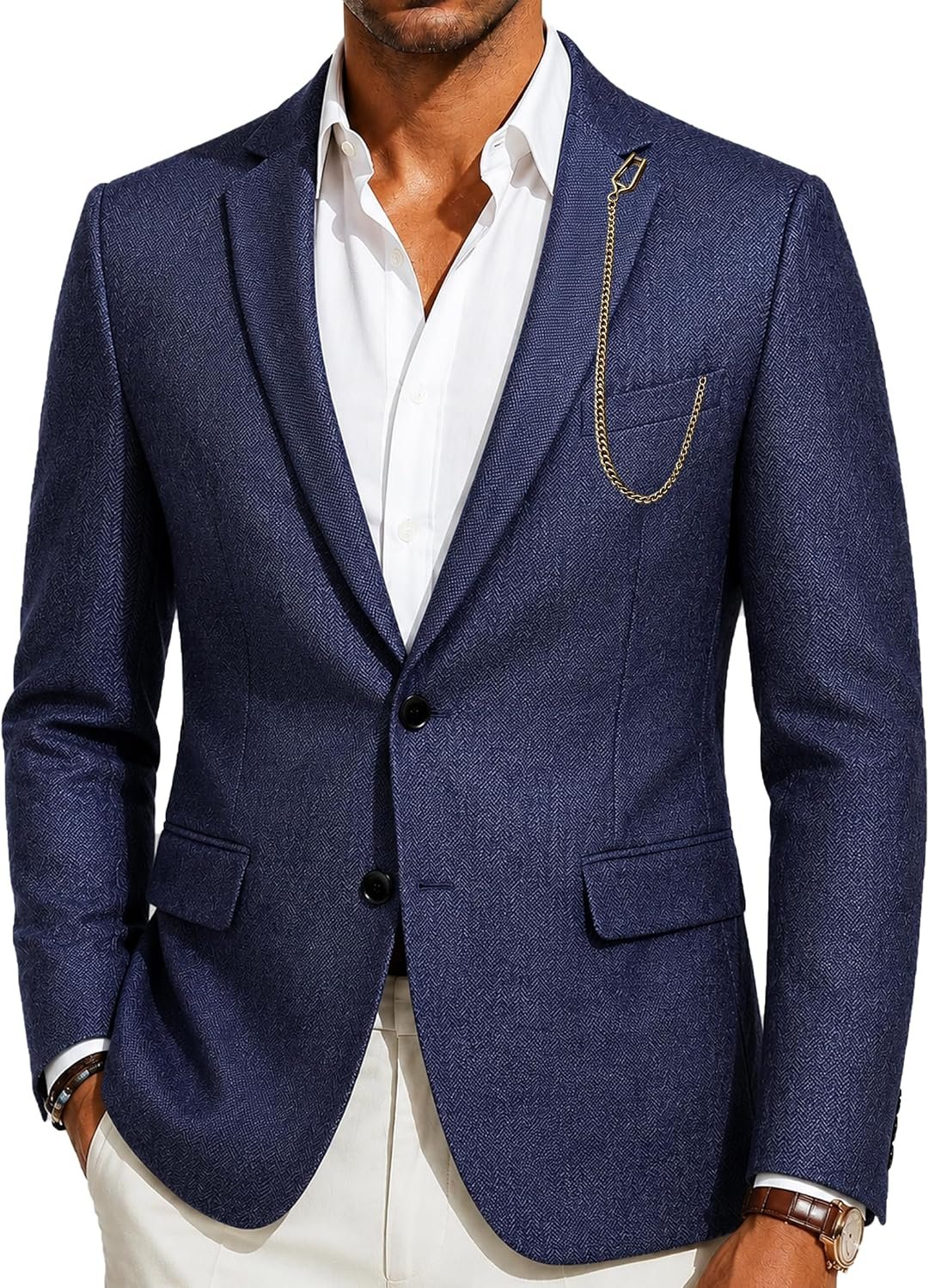 Barry.Wang Mens Herringbone Tweed Blazer Vintage Casual Sport Coat Chain