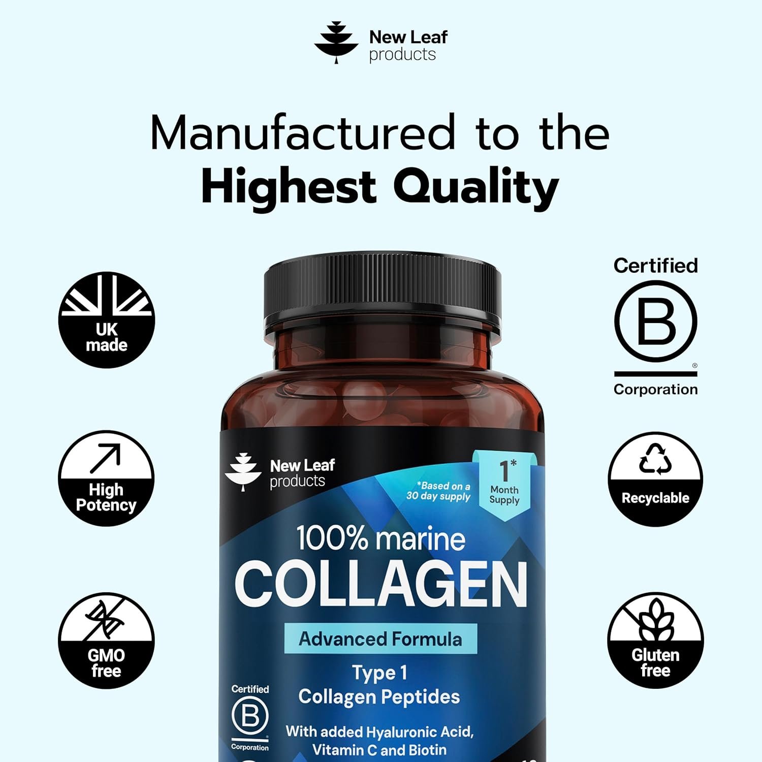Pure Marine Collagen Supplements for Women & Men - with Hyaluronic Acid, Vitamin C & Biotin - Collagen Peptides Hydrolyzed Collagen for Hair Skin & Nails - 60 Capsules by New Leaf UK Made - Image 5