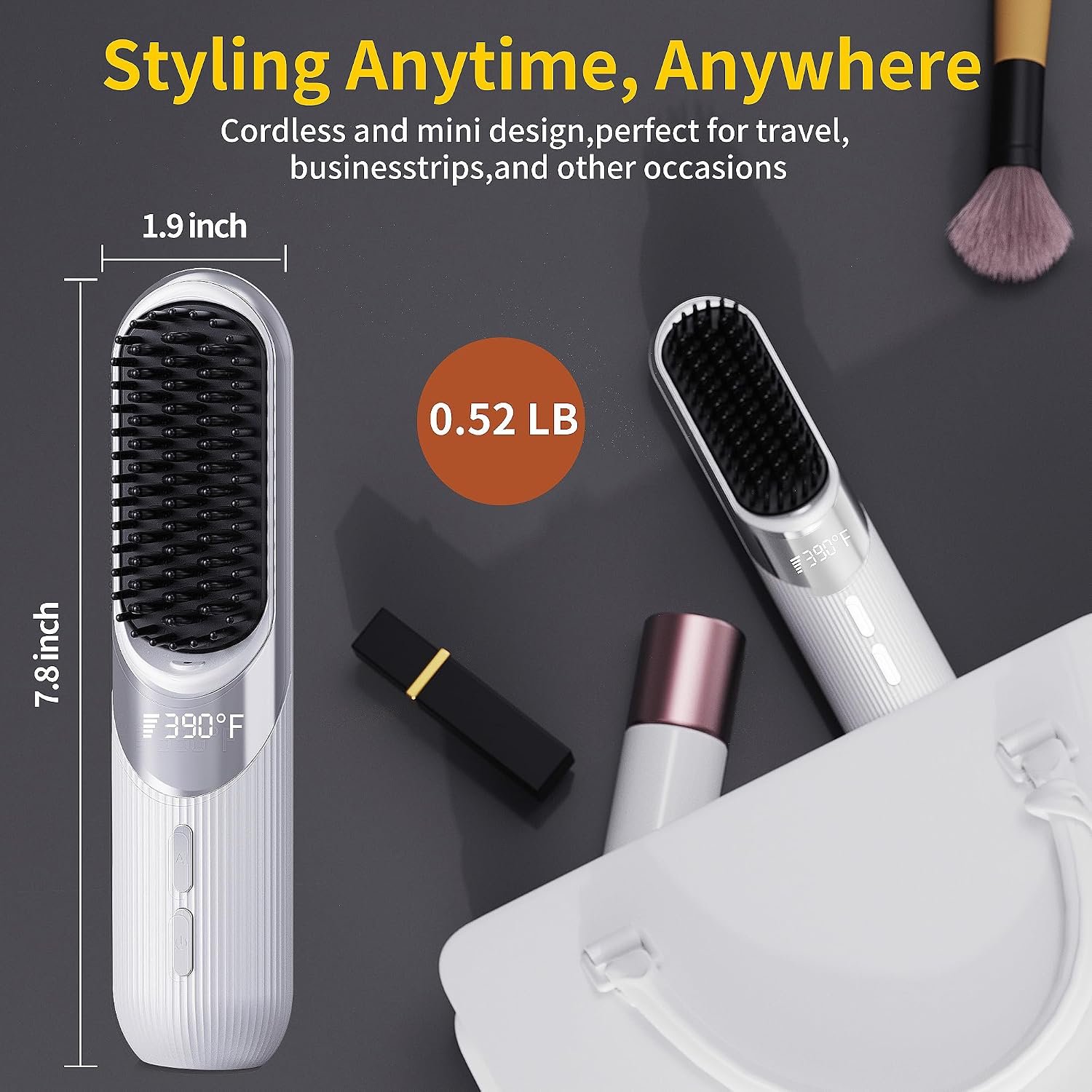 Cordless Hair Styling Brush 2-in-1 AI Smart Styler Fast Heat 30 Seconds USB Rechargeable Dual Power LCD Display Portable Travel Comb Includes Pouch (White) - Image 7