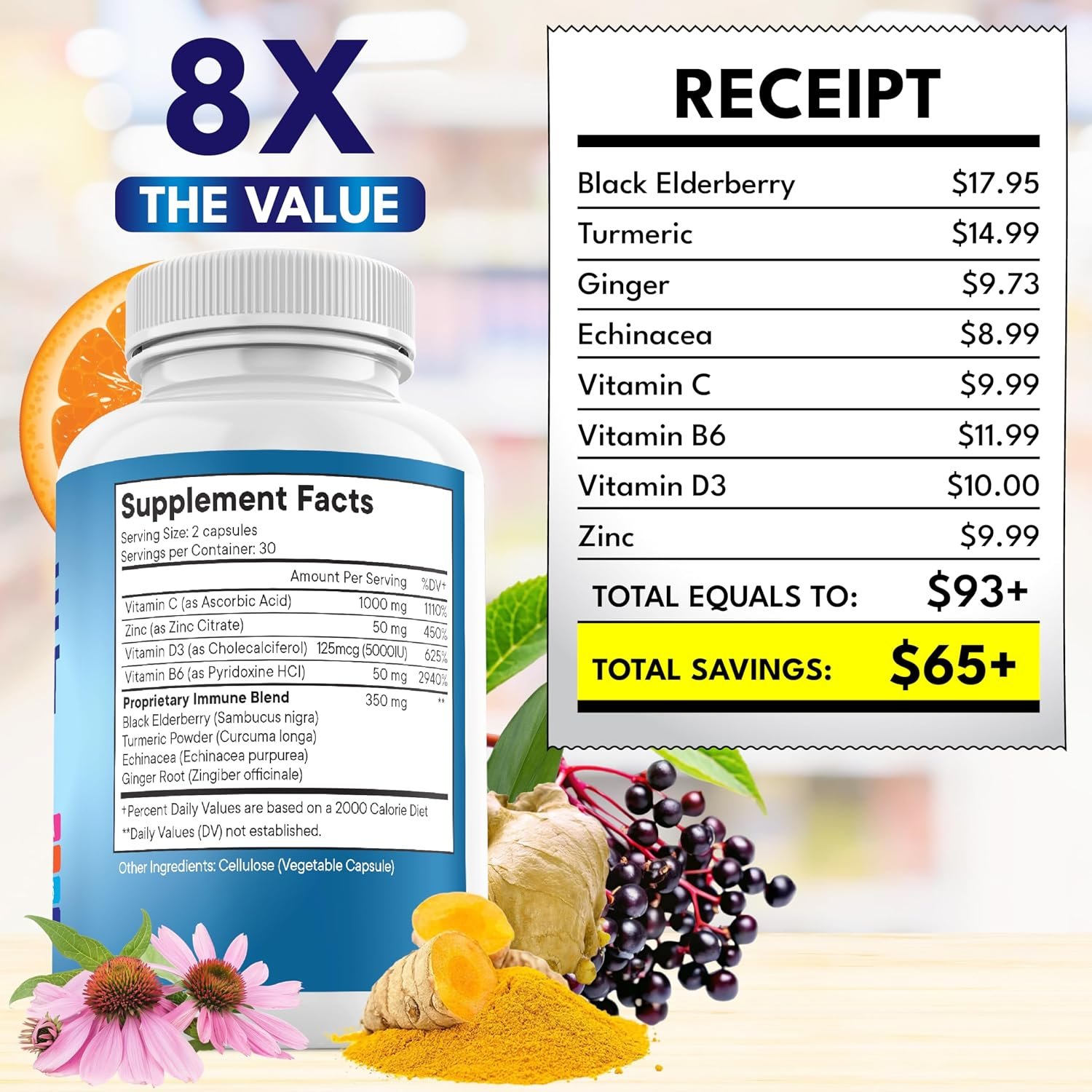 NEW AGE 8 in 1 Immune Support Booster Supplement with Echinacea, Vitamin C and Zinc 50mg, Vitamin D 5000 IU, Turmeric Curcumin & Ginger, B6, Elderberry 120 Count (Pack of 2) - Image 5