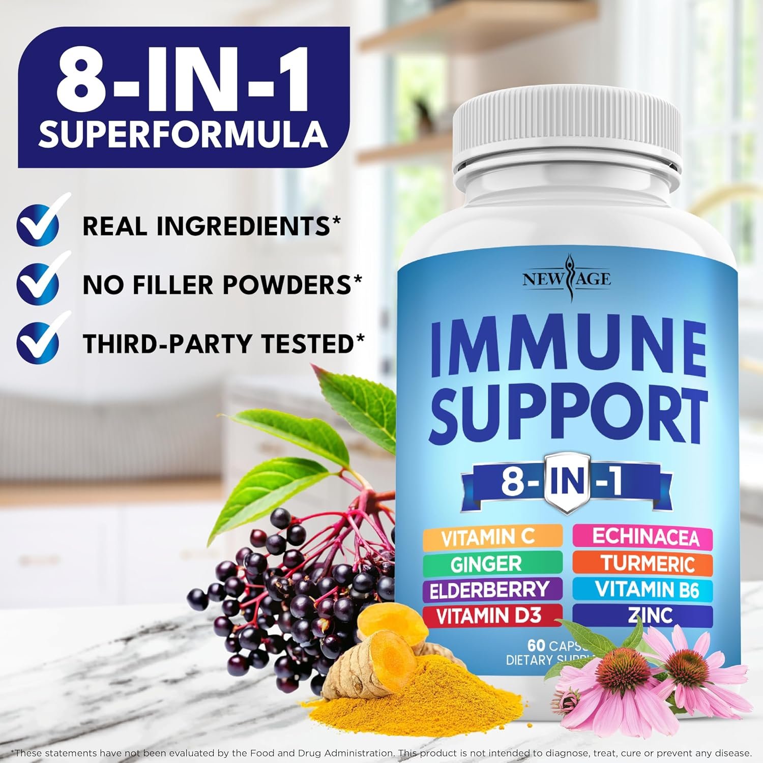 NEW AGE 8 in 1 Immune Support Booster Supplement with Echinacea, Vitamin C and Zinc 50mg, Vitamin D 5000 IU, Turmeric Curcumin & Ginger, B6, Elderberry 120 Count (Pack of 2) - Image 7