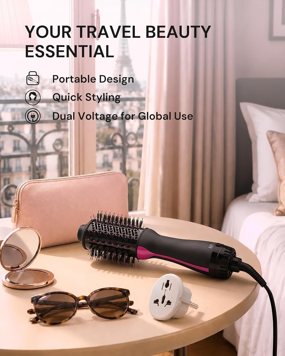 Aopant Dual Voltage Mini Hair Dryer Brush Blow Dryer Brush in One, 110-240V 900W Travel Hot Air Brush Volumizer, 4-in-1 Styling Brush with Ceramic Titanium Barrel, Ionic Care, Cool & High Settings - Image 9