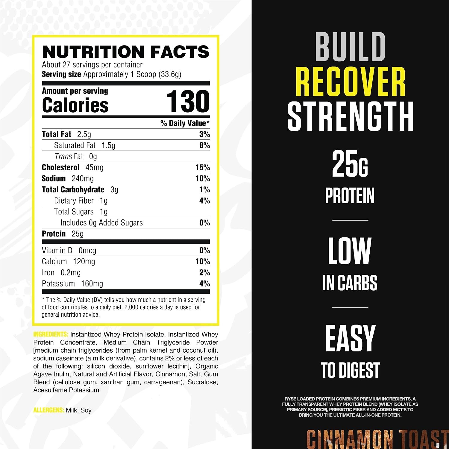 RYSE Loaded Protein Powder - Cinnamon Toast - 25g Whey Protein Isolate & Concentrate with Prebiotic Fiber & MCTs - Low Carb, Low Sugar, Digestive-Friendly - 27 Servings / 2 lb Tub - Image 2