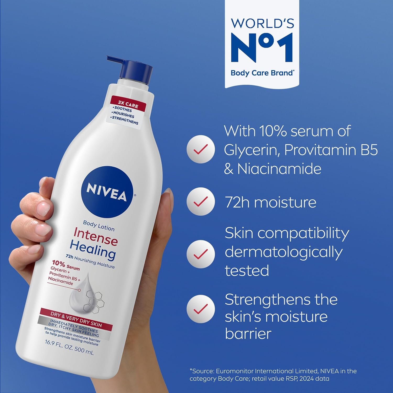 NIVEA Intense Healing Body Lotion, 72-Hour Moisturizing Lotion,16.9 FL OZ | Moisturizing Lotion with Glycerin, Provitamin B5 and Niacinamide, For Very Dry, Itchy Skin Relief, Dermatologically Tested - Image 3