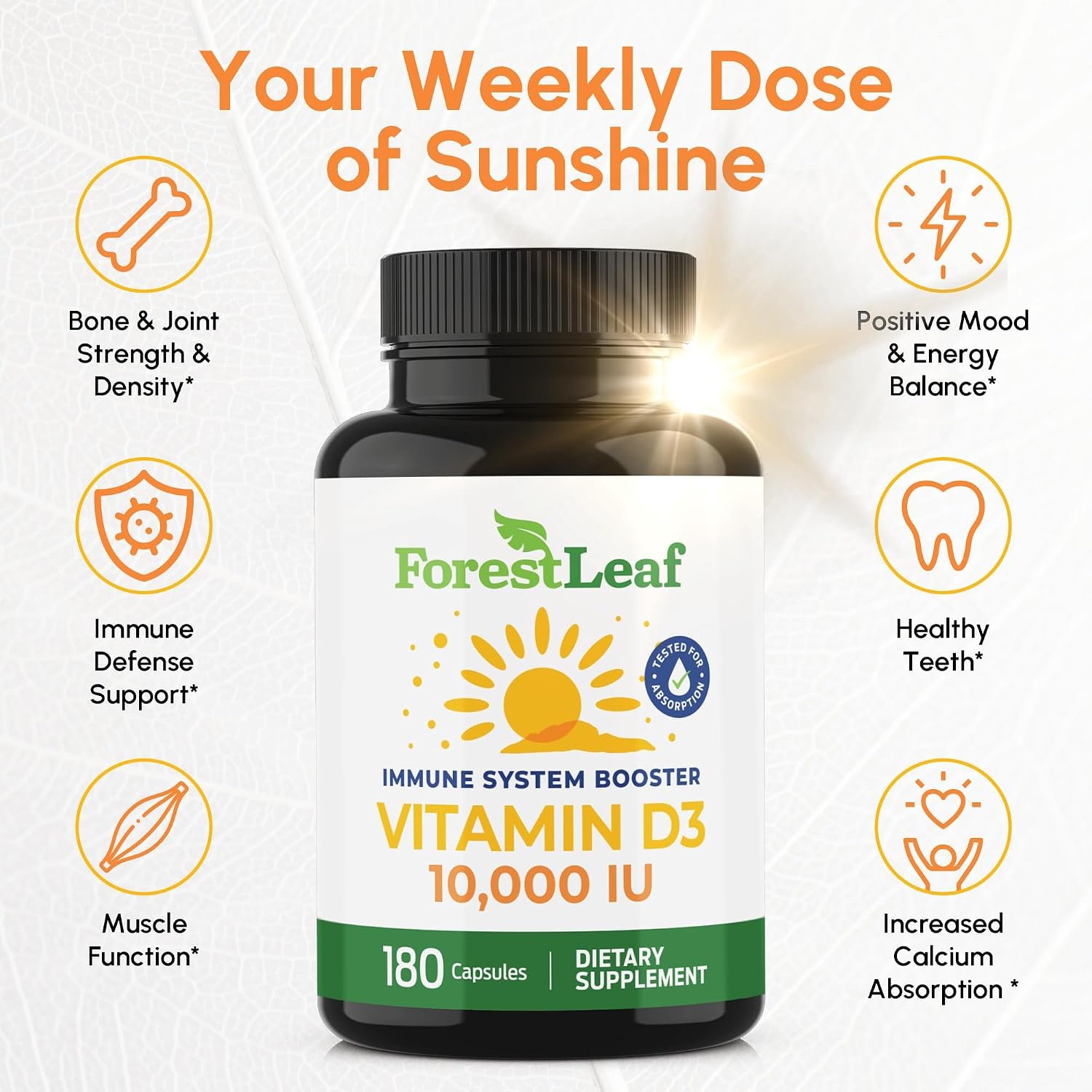ForestLeaf Vitamin D3 10,000 IU | VIT D - VIT D3 Vitamin D Supplements for Women and Men | Bone Health, Teeth and Immune Support | Easy to Swallow Pills | High Potency Daily, 6-Month Supply, 180 Caps - Image 2