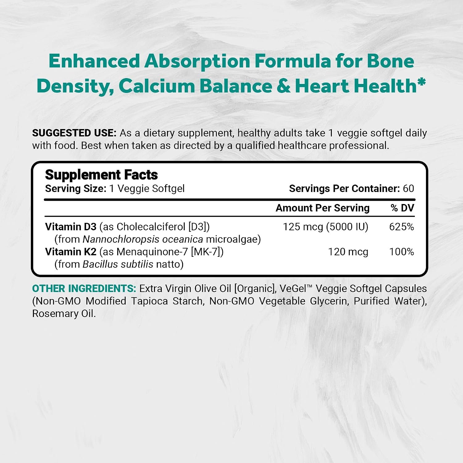 Naturalis Vegan Vitamin D3+K2 from Algae | 5000 IU D3 with 120mcg MK7 | Vegan Society Certified,Sustainably Sourced,Better Than Animal Derived | Better Support for Bone & Immune Health* | 60 Softgels - Image 2