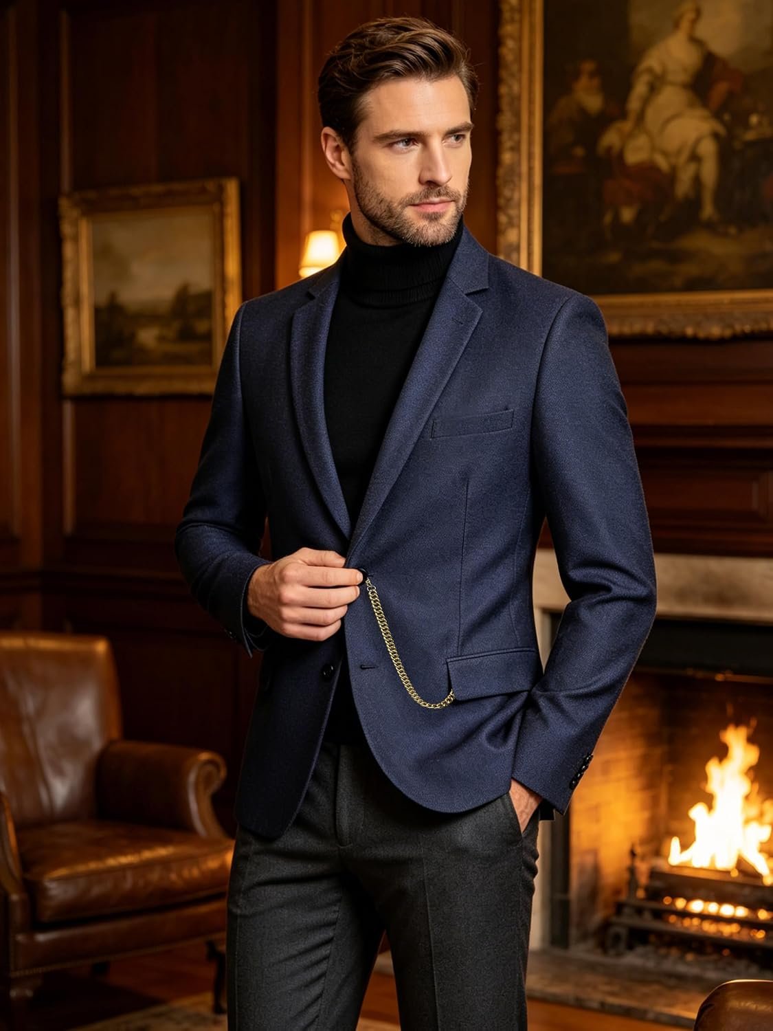 Barry.Wang Mens Herringbone Tweed Blazer Vintage Casual Sport Coat Chain - Image 2