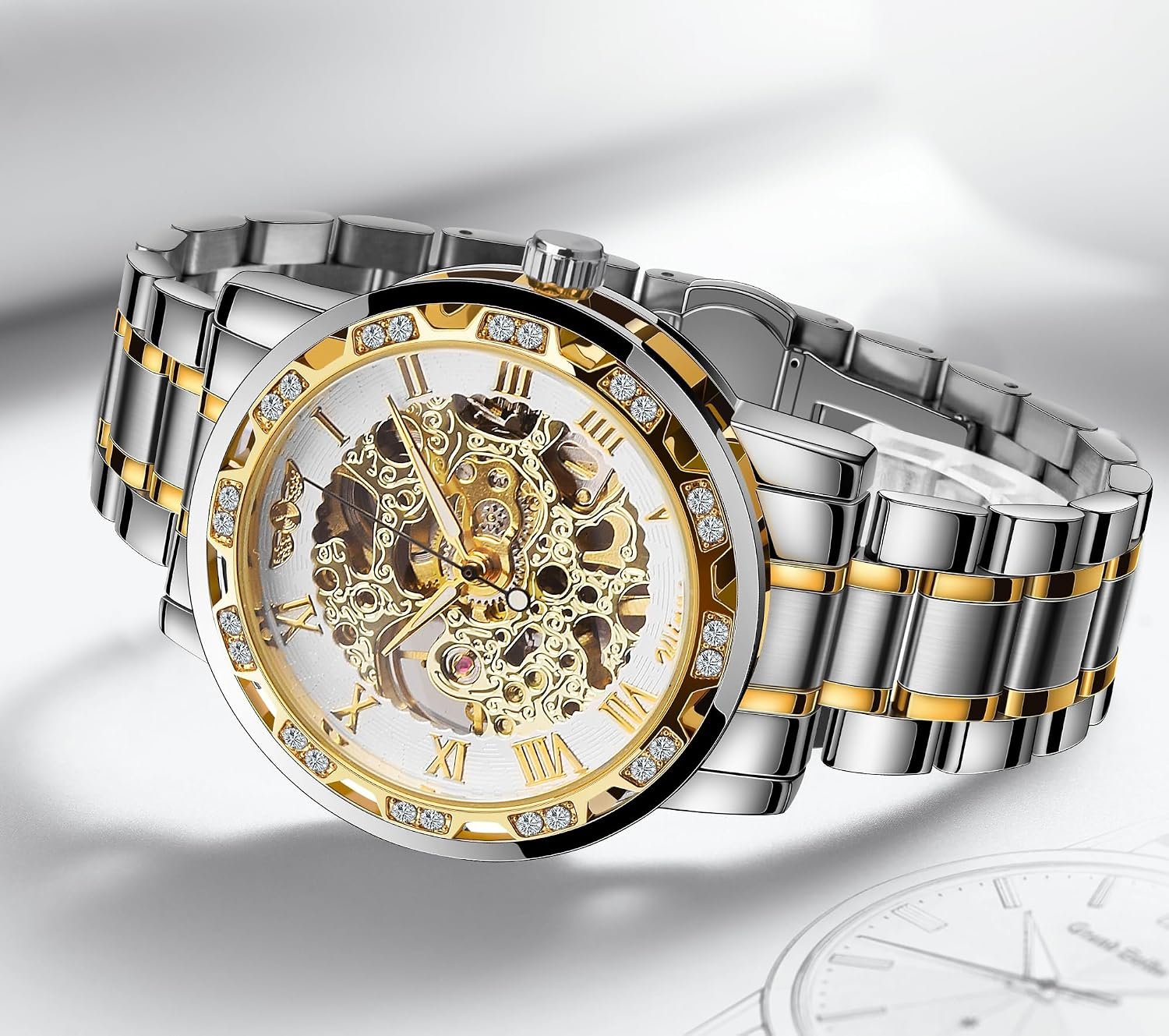 Winner Retro Manual Mechanical Skeleton Watch with Diamond and Carving Flower Craft Men Skeleton Wrist Watch Mechanical Classic Roman Number - Image 8