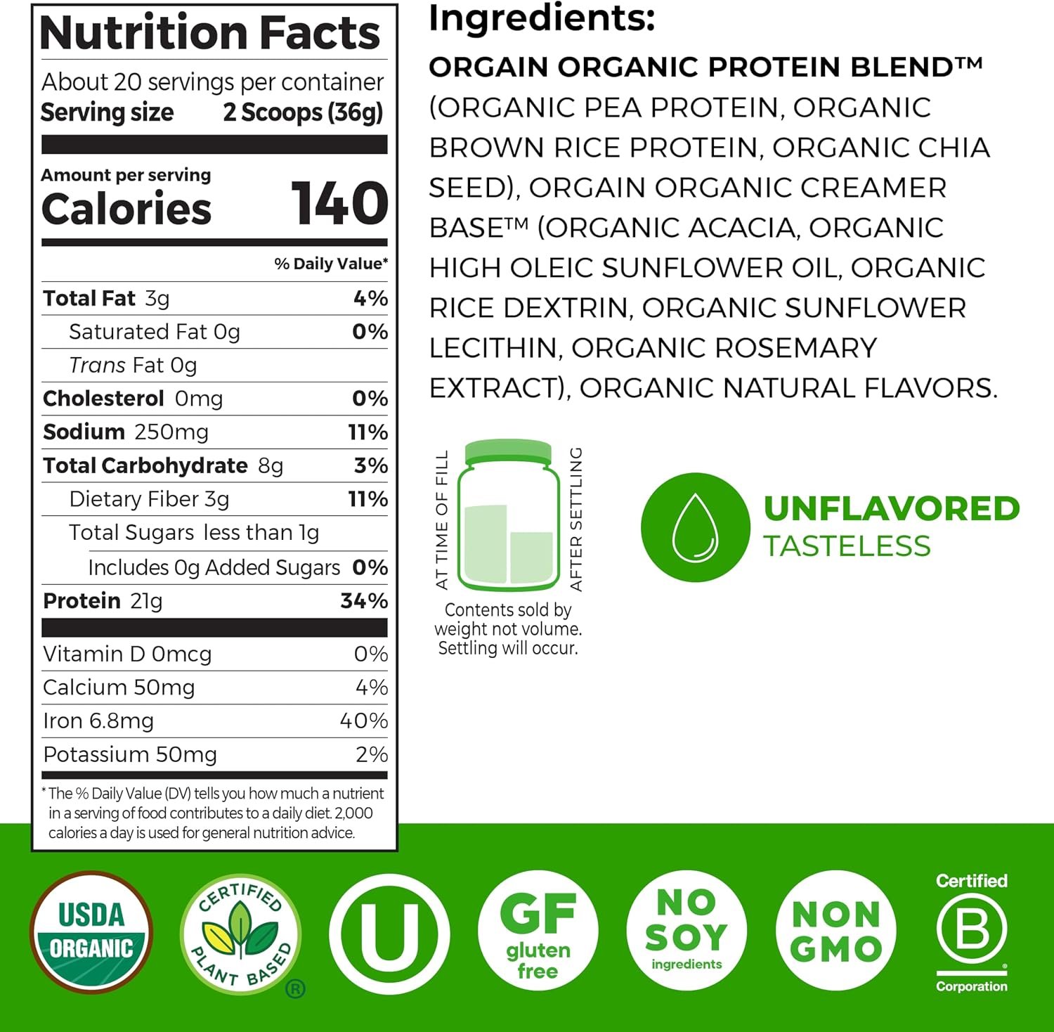 Orgain Organic Vegan Protein Powder, Natural Unsweetened - 21g of Unflavored Plant Protein, 4g Prebiotic Fiber, Low Net Carbs, No Added Sugar, Non-GMO, for Shakes & Recipes, 1.59 lb - Image 2
