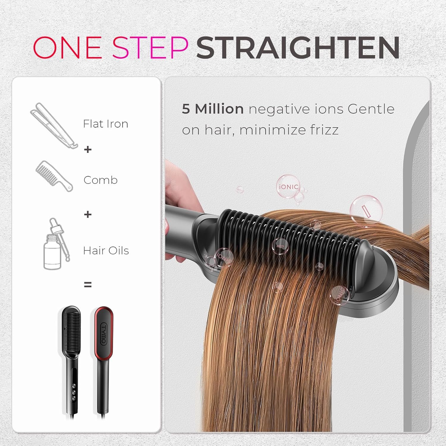 TYMO Ring Plus Hair Straightener Brush, Ionic Straightening Comb, 9 Temps | Straightening Brush with Negative Ions for Women, Titanium Coating, LED Display, Dual Voltage, Black - Image 2