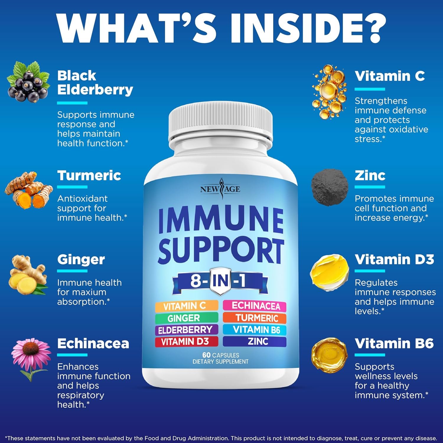 NEW AGE 8 in 1 Immune Support Booster Supplement with Echinacea, Vitamin C and Zinc 50mg, Vitamin D 5000 IU, Turmeric Curcumin & Ginger, B6, Elderberry 120 Count (Pack of 2) - Image 2