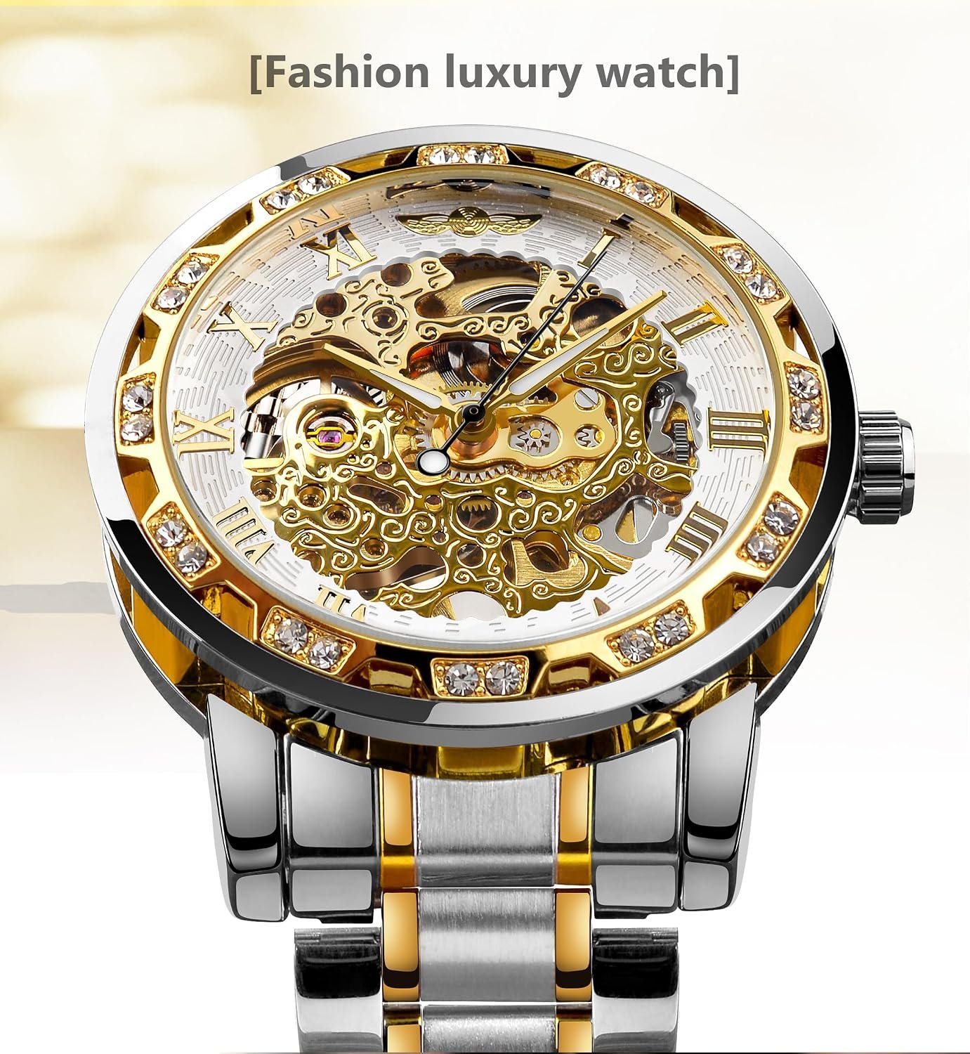 Winner Retro Manual Mechanical Skeleton Watch with Diamond and Carving Flower Craft Men Skeleton Wrist Watch Mechanical Classic Roman Number - Image 2
