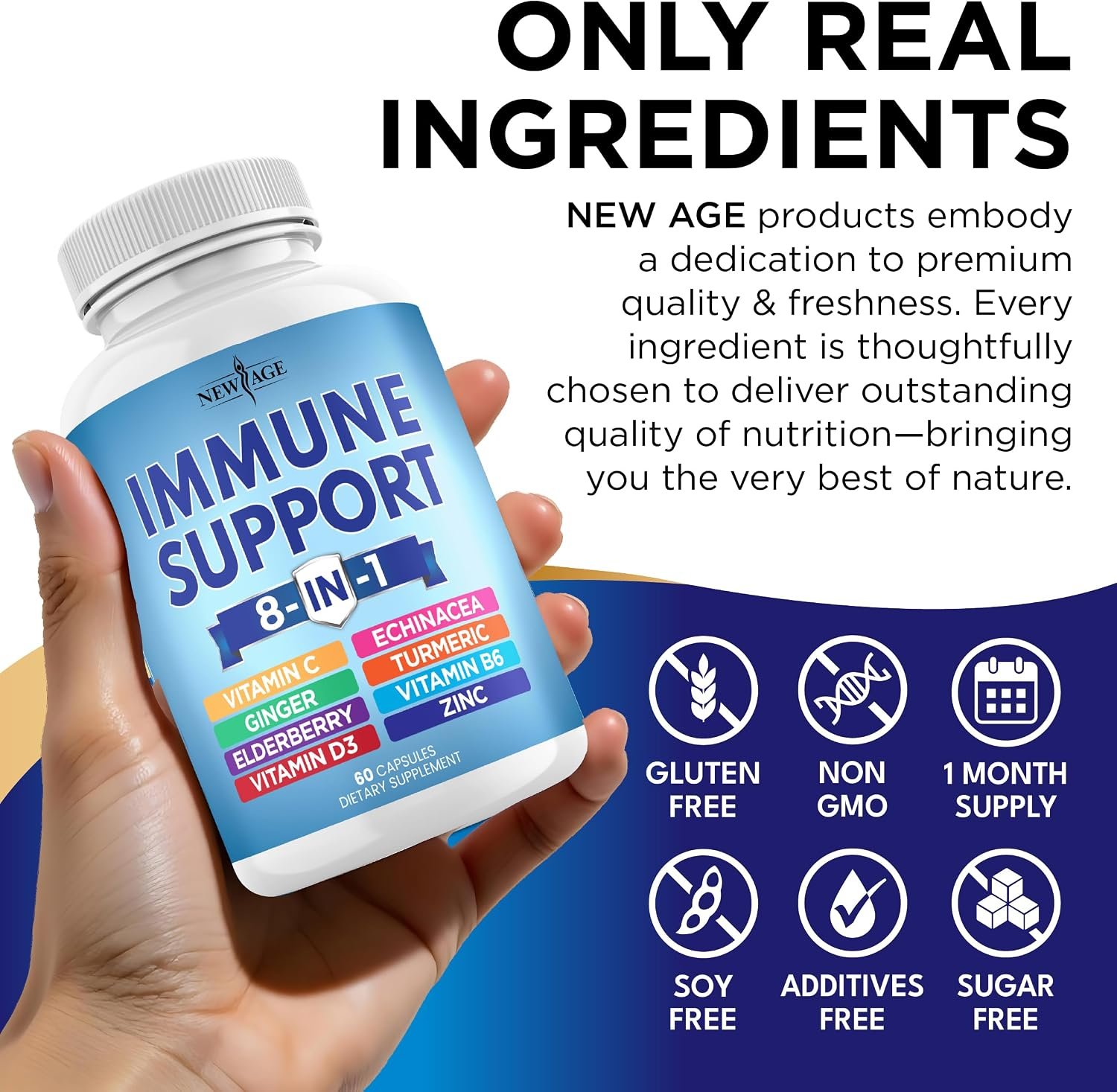 NEW AGE 8 in 1 Immune Support Booster Supplement with Echinacea, Vitamin C and Zinc 50mg, Vitamin D 5000 IU, Turmeric Curcumin & Ginger, B6, Elderberry 120 Count (Pack of 2) - Image 6