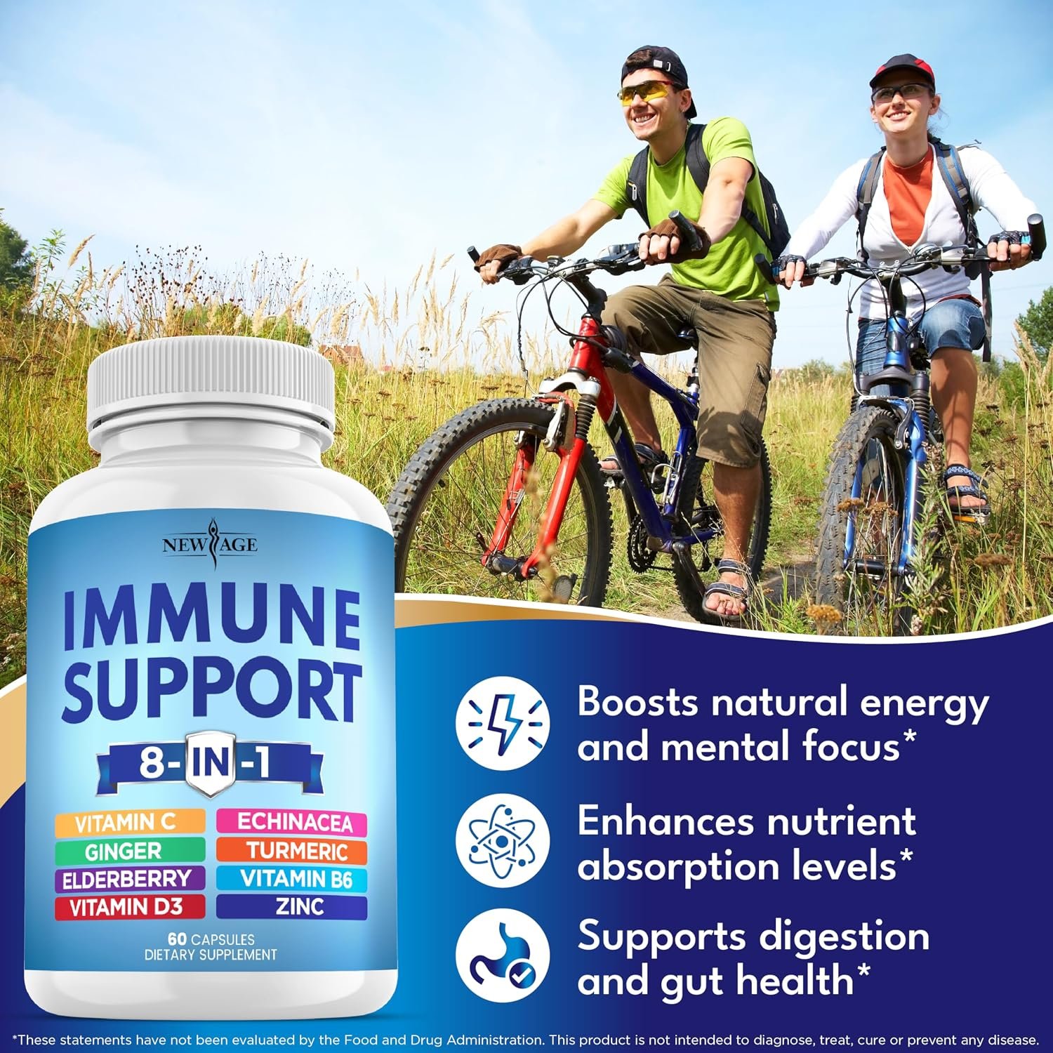 NEW AGE 8 in 1 Immune Support Booster Supplement with Echinacea, Vitamin C and Zinc 50mg, Vitamin D 5000 IU, Turmeric Curcumin & Ginger, B6, Elderberry 120 Count (Pack of 2) - Image 4
